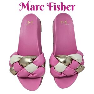 Marc Fisher Womens Sandels Sz 7M Pink Faux Leather Weaved gold & Ivory Slip Ons